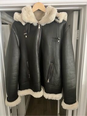 Stefano Black Leather Cream Sheep Shearling-Lined Zip Jacket